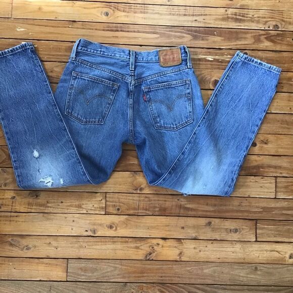 Levis 501 Blue Jeans Distressed ripped 100% cotton denim button fly straight 25 - Picture 2 of 14
